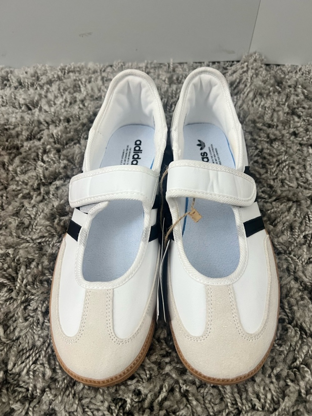 Adidas White Mary Jane Sneakers with Black Stripe and Tan Suede Toe